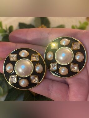 Gold-Tone Black Enamel Pearl/Crystal Runway Earrings